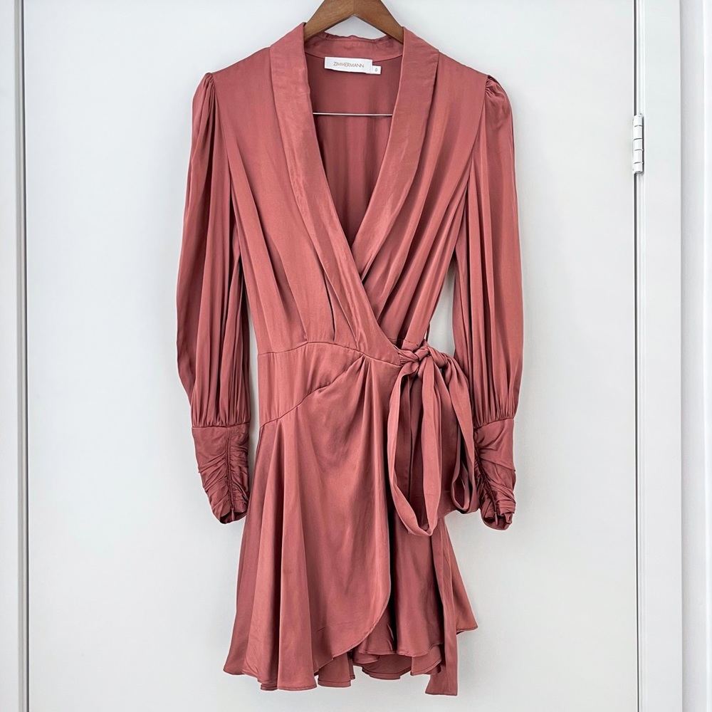 Zimmermann Ruffled silk-satin mini wrap dusty pink dress 0